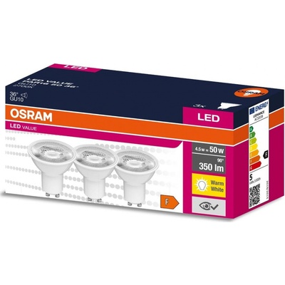 Osram 3PAK LED žárovka GU10 4,5W = 50W 350lm 2700K Teplá bílá 36° VALUE