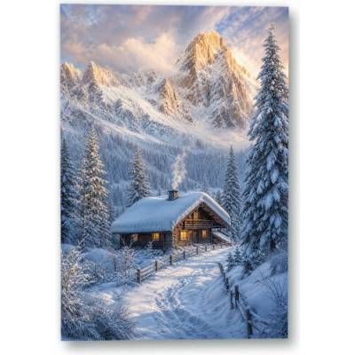 Plakát – Zasněžená chalupa pod horskými štíty 90 × 135 cm Bez rámu Ne Bez rámu
