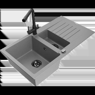 Matias гранитна мивка 1, 5-коморна с отцедник и кухненски смесител Duero, сив - 6502-71-671600-70-B (6502-71-671600-70-B)