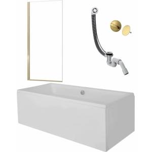 Besco Комплект за правоъгълна вана Besco Quadro 165x75 см, параван за вана Rea Elegant 70x140 см златен, сифон и капак за сифон (QUA16575+5902557355860+58140180+58185990)