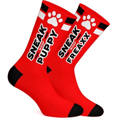 Sneakfreaxx Woof Puppy Socks Red, bavlněné ponožky s nápisem „WOOF“