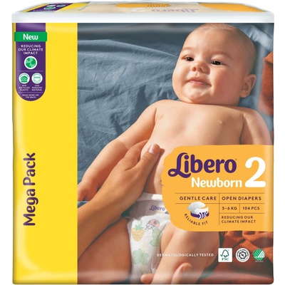 Libero Бебешки пелени Libero - Newborn 2 (3-6 kg), Mega Pack, 104 броя (7322541884066)