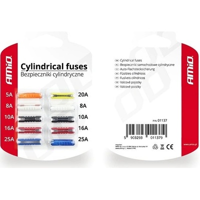 Pojistky do auta válcové kulaté 10 ks Amio