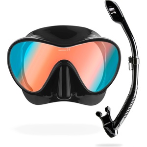 CRESSI Frameless Diving Mask F1 - Fog-free Glass Lens, Diving Goggles - Ergonomic Silicone Rim, Snorkel Mask - Dry Snorkel & Snorkel Set - Black/Ultra Vision Blue Lenses - Combo Set - YDS282155 (YDS282155)