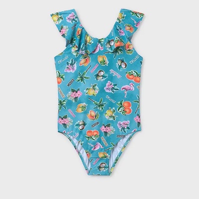 MAYORAL Цял бански с плодове и волани в синьо-зелен цвят за момиче Майорал