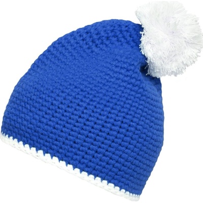 Myrtle Beach MB7964 pletená čepice s kontrastním pruhem a bambulí Modrá bílá