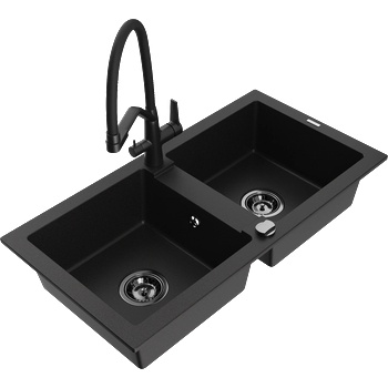 Mexen Mario гранитна мивка с 2 отделения със смесител Duo, черен - 6504-77-671701-70-B (6504-77-671701-70-B)
