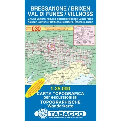 Bressanone, Val di Funes, Brixen, Villnösstal (Tabacco - 030) - turistická mapa | knihynahory.cz