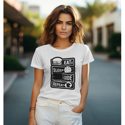 Bullshirt.sk Dámske tričko Eat Sleep Code Repeat Biela