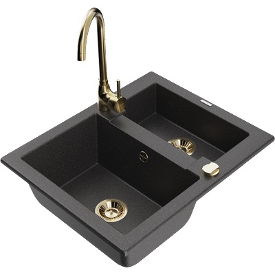 Mexen Carlos гранитна мивка 1, 5-коморова с кухненски кран Telma, черно напетно - 6518-76-670200-50 (6518-76-670200-50)