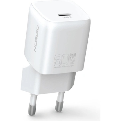 Захранване за ел. мрежа с USB-C изход с технология за бързо зареждане - Nordic PD GaN USB-C Wall Charger 30W (бял)