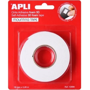 APLI Ролка за лепене, 3D, двустранна, гъба, APLI, 19 мм x 2, 28 м, бяла 13986 (13986)