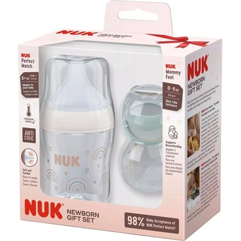 Nuk Подаръчен сет Nuk Perfect Match - Шише Дъга, 150 ml + залъгалки MommyFeel, зелена и бежова (10225337)