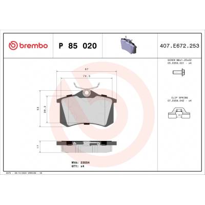 Sada brzdových destiček, vždy 4 kusy v sadě BREMBO P 85 020 (P85020)