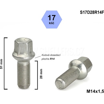 Kolový šroub M14x1,5x28 kulový R14, klíč 17, S17D28R14F, výška 51 mm