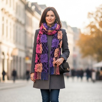 Черен шал с ефектни цветя в жълто, лилаво и розово