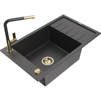 Mexen Elias гранитна мивка с 1 отделение с отцедник и кухненски смесител Flora, черен на петна - 6511-76-670401-57-G (6511-76-670401-57-G)