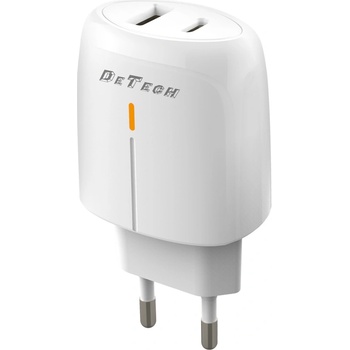DeTech Мрежово зарядно устройство DeTech DE-31, 20W, 1 x Type-C F, 1 x USB F, PD, QC, Бял - 40318 (40318)