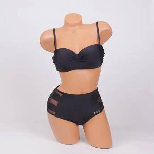  Елегантен бански в черно с тюл и висока талия