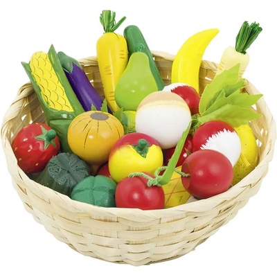 Goki Комплект продукти Goki - Плодове и зеленчуци в кошница, 16 части, от дърво (51660)