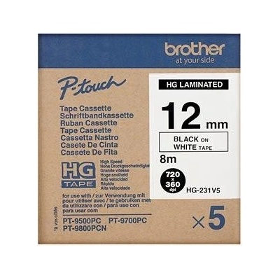 páska BROTHER HGe231 čierne písmo, biela páska HQ Tape (12mm) (5 ks) (HGE231V5)