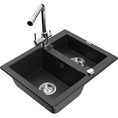 Mexen Carlos гранитна мивка 1, 5 камера с кухненски смесител Duero, черно/сребрист металик - 6518-73-671600-00 (6518-73-671600-00)