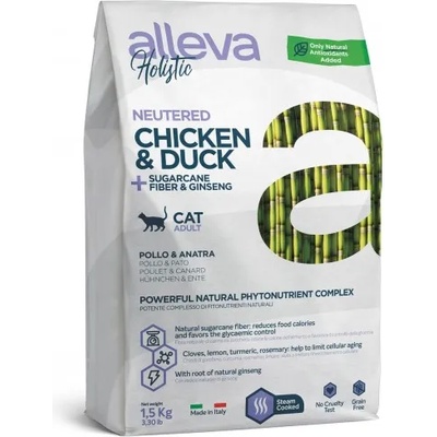 DIUSAPET Alleva® holistic (adult cat) chicken & duck + sugarcane fiber & ginseng neutered - пълноценна храна за пораснали котки над една година - кастрирани или за отглеждани в затворени помещения, Италия - 1, 5 кг 2882