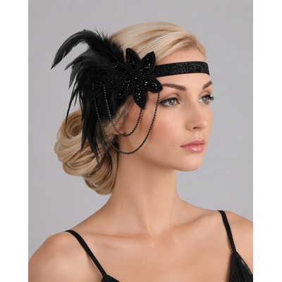 B-TOP Vintage elegantní černá čelenka do vlasů s květinovou ozdobou a dvěma řetízky