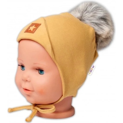 Baby Nellys Bavlněná dvouvrstvá čepice s bambulí na zavazování Star hořčicová