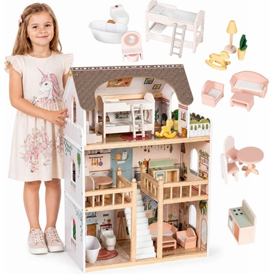 Ecotoys Dřevěný domeček pro panenky Laura 3 patra 5 místností 15 kusů nábytku