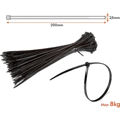 V-TAC Sťahovacia páska na káble 2,5x200mm, čierna, 100ks balenie [11164]