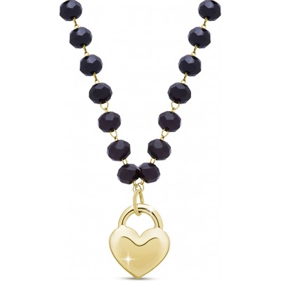 Biju Korále černé spojené pozlacenými 14k očky a srdíčkem, 3002285