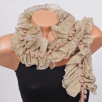 Стилен дамски шал в бежово с топчета