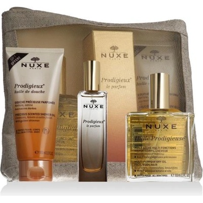 NUXE Huile Prodigieuse подаръчен комплект: сухо масло Huile Prodigieuse 100 ml + душ масло Prodigieux 100 ml + EDP Prodigieux Le Parfum 30 ml + козметична чанта за жени