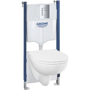 GROHE Solido - Комплект за вграждане в стена, тоалетна чиния Bau Ceramic и седалка с плавно затваряне, бутон Even, хром 112954SH00 (112954SH00)
