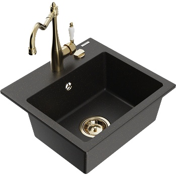 Mexen Milo гранитна мивка с 1 камера и кухненски батерии Carla, черен/златист металик - 6505-75-670700-50 (6505-75-670700-50)