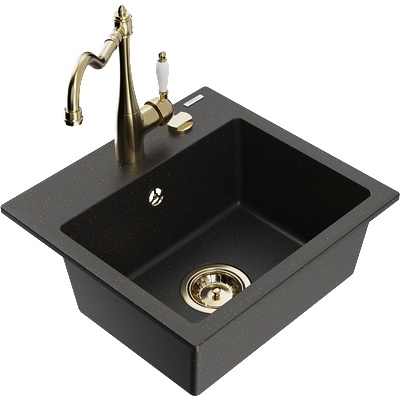 Mexen Milo гранитна мивка с 1 камера и кухненски батерии Carla, черен/златист металик - 6505-75-670700-50 (6505-75-670700-50)