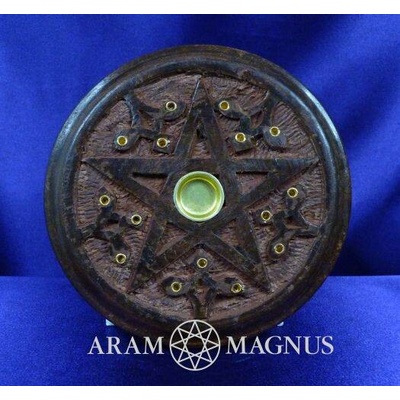 Arammagnus Stojánek na vonné tyčinky a kužely, dřevo s mosaznou intarzií, s pentagramem, 12,5 cm