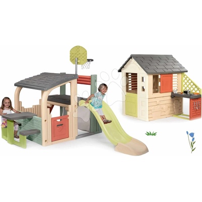 Smoby Set hracie centrum a domček s kuchynkou Multisport Fun Center Life rozšíriteľný so 150 cm šmykľavkou a piknikovým stolíkom
