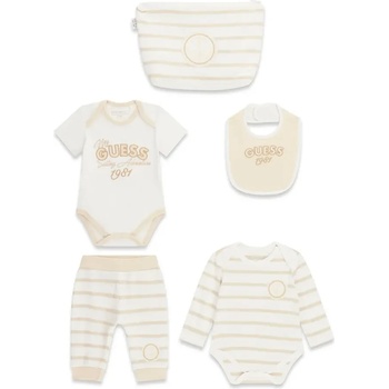Guess Комплект две бодита, панталон, лигавник и несесер в бяло и бежово за новородено момче Guess