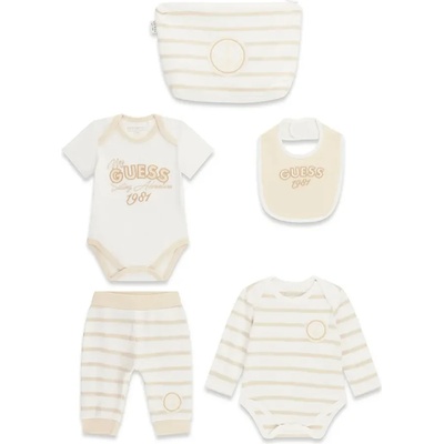 Guess Комплект две бодита, панталон, лигавник и несесер в бяло и бежово за новородено момче Guess