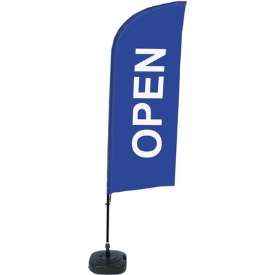 Jansen Display Kompletní sada reklamní vlajky ve tvaru křídla, Otevřeno, modrá, anglicky, 1105 x 3300 mm