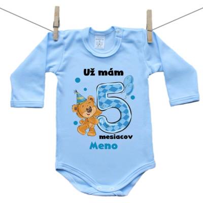 Boodyy Modré body s dlhým rukávom Už mám 5 mesiacov s Medvedíkom a menom dieťatka Chlapec