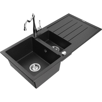 Mexen Andres гранитна мивка с 1, 5 отделения и отцедник и кухненски смесител Carla, черен/сребърен - 6515-73-670700-00 (6515-73-670700-00)