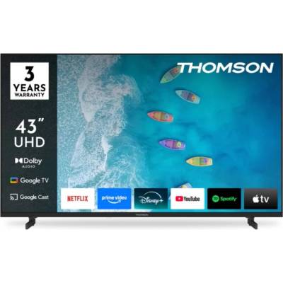Телевизор Thomson 43" UHD Google TV; 3840 x 2160 (4K UHD), DLED, 60 Hz, Dolby Audio, Google Cast, DVB-T/T2/C/S/S2, HDR10, Wi-Fi, Bluetooth, LAN, HDMI 3 (2.1), USB 2 (2.0), AV IN, Hotel mode, Side Feet, Black (43UG4S15)