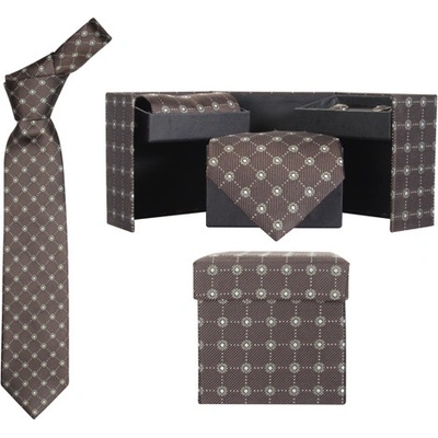André Philippe set kravata hedvábná + manžetové knoflíčky + kapesník hnědá