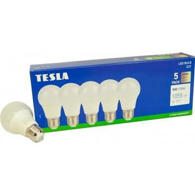 Tesla LED žárovka BULB E27, 9W, 230V, 1055lm, 25 000h, 3000K teplá bílá, 220st 5ks