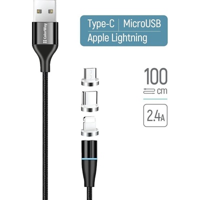 Colorway CW-CBUU038-BK) Nabíjecí 3v1 Lightning+MicroUSB+USB-C/ Magnetic/ Nylon/ Quick Charge 3.0, 1M
