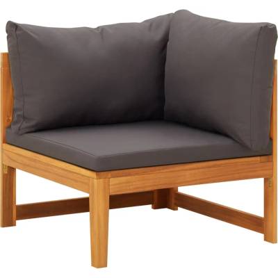 vidaXL Ъглов диван с тъмносиви възглавници, акациево дърво масив (316320)