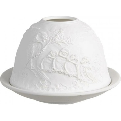 Bílý porcelánový svícen na čajovou svíčku s ptačí rodinkou a kytičkami – 12x8 cm